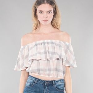 Nu Label Pink And Gray Off The Shoulder Crop Top